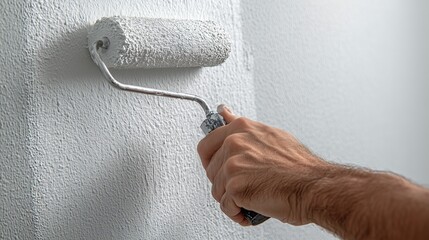 Worker applying white primer with paint roller on drywall surface during renovation