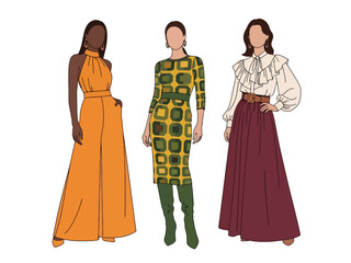Flat vector set of stylish retro-inspired fashionable women in bold vintage outfits, ideal for nostalgic design themes and fashion artwork collections