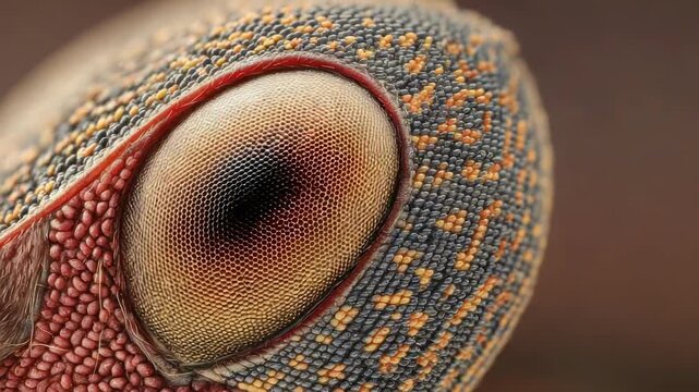 Close-up of a gecko's eye with intricate, multicolored scales surrounding it.