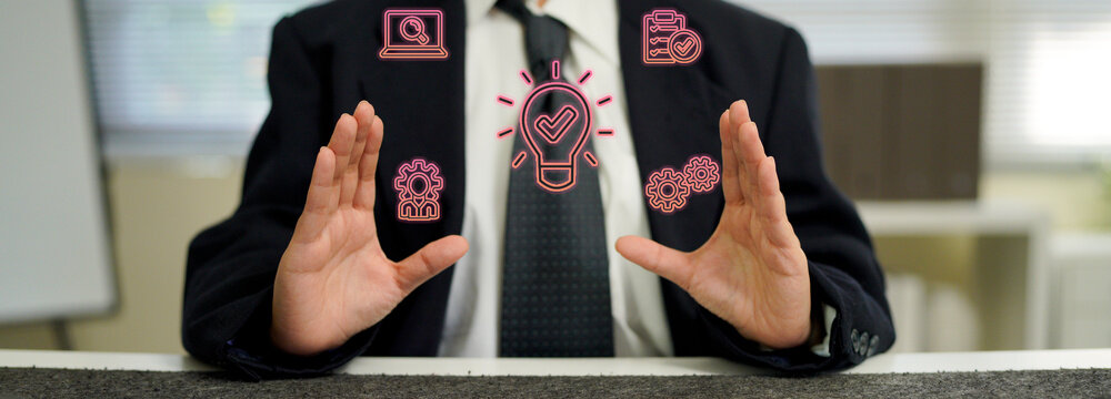 Quick tip of Businessman and glowing light bulb with checklist, symbolizing innovative idea, smart solution, productivity improvement, and successful strategy in digital age.