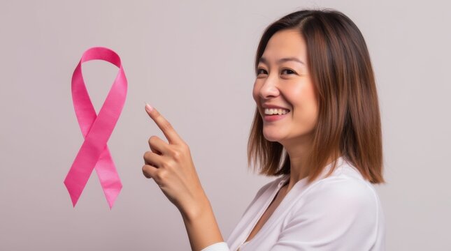 Woman in her 40s smiling while pointing at a pink awareness ribbon - Powered by Adobe