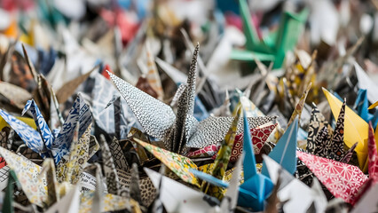Pile of Colorful Handmade Origami Paper Cranes