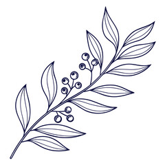 Obraz premium Dark blue outline of a berry branch with leaves on black background