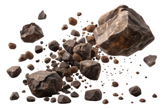 Numerous textured brown and grey stones are flying and scattering in different directions, isolated on a transparent background.