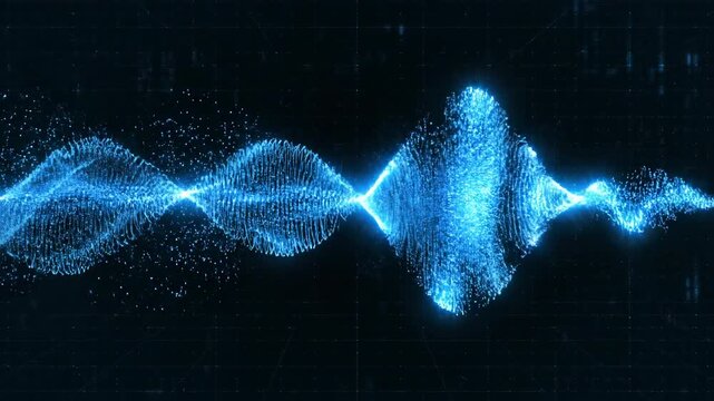 Seamless loop of luminous blue energy wave flowing and oscillating across a deep dark digital background vibration, modern design, wave flowing