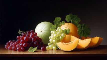 A still life composition featuring red grapes, green grapes, a green melon, a cantaloupe, and cantaloupe slices arranged on a wooden table. The scene is illumin