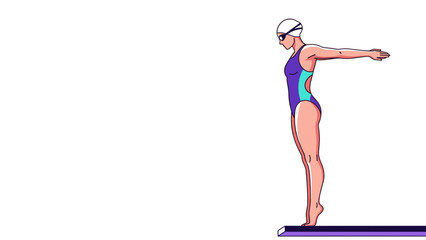 Female swimmer preparing to dive from the starting block in competition  