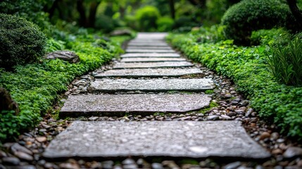 Obraz premium A stone path winds through a vibrant green garden, surrounded by lush vegetation. The image is taken during the day.