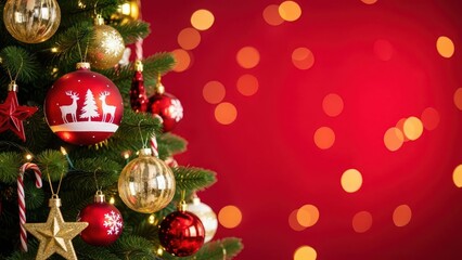 Festive christmas tree decorations on red background with bokeh lights for holiday season greetings