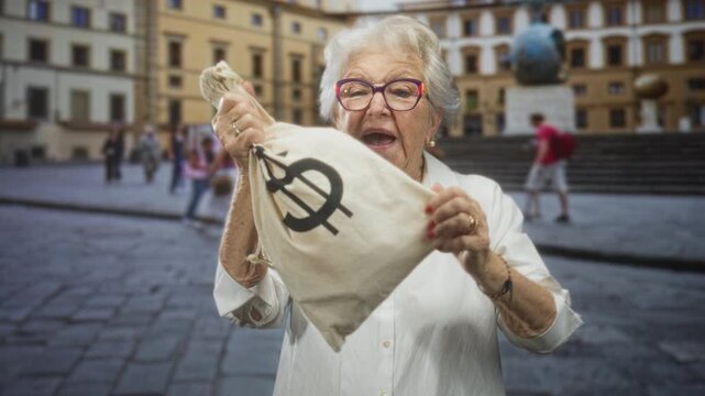 Elderly woman holding money bag with dollar sign, fist raised in victory on a cobbled street; financial independence triumph.