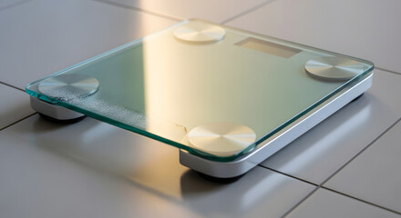 Modern digital bathroom scale with white sugar powder on glass surface for diet challenge concept and health monitoring