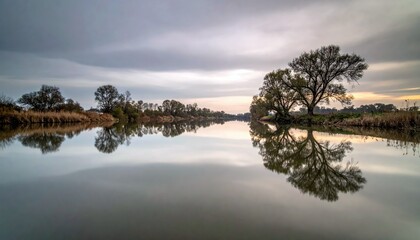 A tranquil landscape scene featuring trees reflected in a calm river under a cloudy sky at dusk.