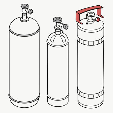 Three different types of gas cylinders with valves and handles shown in a clean line art isometric illustration