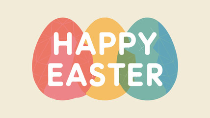 Happy easter greeting with overlapping colorful geometric patterned eggs on a cream background