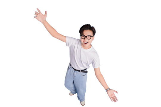 Joyful Gesture: A young man with eyeglasses joyfully reaches out his arms, his genuine smile radiating warmth and optimism, expressing openness and excitement.