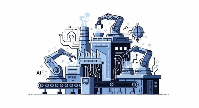 Automated Smart Factory with Robotic Arms and AI Technology.