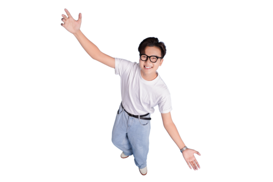 Joyful Welcoming Embrace: A young man with outstretched arms, exuding an air of warmth and approachability, welcomes you with open arms. He emanates happiness and positivity.