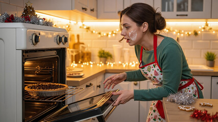 Stressed woman baking burnt pie in Christmas kitchen for holiday cooking blogs and cards