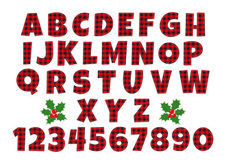 Buffalo plaid alphabet letters and numbers with holly decoration. Red and black checkered font for festive rustic holiday design, craft, and festive typography.