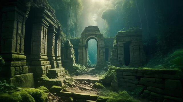 A hyper-realistic 8k video showcasing ancient jungle ruins, bathed in cinematic lighting and a volumetric atmosphere, creating a photorealistic scene.