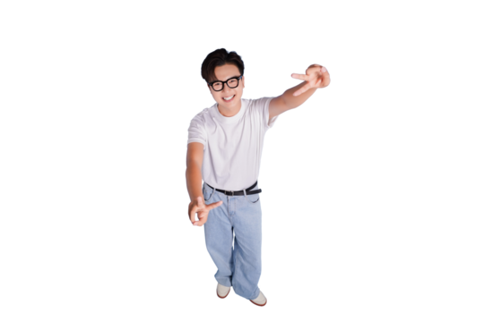 Optimistic Pose: A young, bespectacled individual strikes an upbeat pose, conveying a sense of positivity and confidence. A direct gaze communicates approachability. 