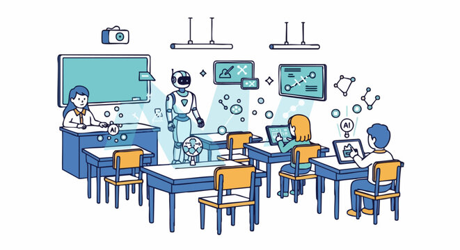 Futuristic classroom with a robot teacher and students using technology.