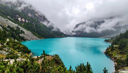 A scenic landscape featuring a turquoise lake nestled between mountains, shrouded in clouds, creating a dramatic and serene atmosphere.