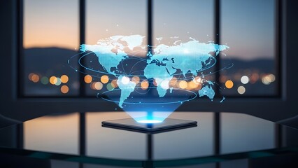 World map hologram displayed in a modern office setting