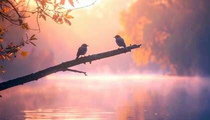 Two birds perched on a branch overlooking a lake at sunset. The scene is bathed in warm, soft light.
