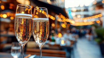 Two champagne flutes filled with bubbly champagne are in focus, with a blurred outdoor restaurant scene in the background at night. Warm lighting creates a cele