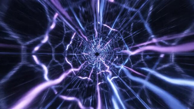 Seamless loop of neon blue and purple light trails rushing through an infinite digital tunnel background digital background, flowing, movement