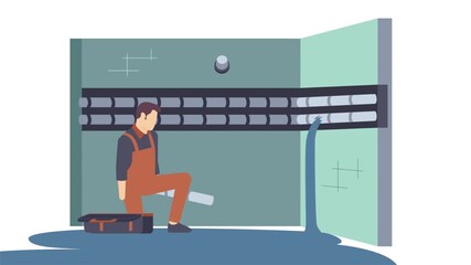 Plumber worker repairing leaking pipeline system animation, Engineer Restoring Damaged Tube animated video, plumbing worker clip, Handyman Services footage, HVAC technician motion graphics