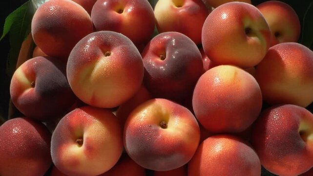 Fresh juicy peaches glistening with morning dew, ready for summer desserts and healthy snacks, a taste of organic orchard goodness