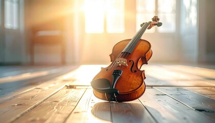 A violin rests on a wooden floor, bathed in warm sunlight streaming through a window, creating a peaceful and artistic atmosphere.