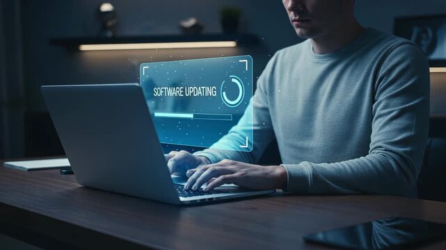 Amn using laptop with holographic blue progress bar showing software update and system optimization process