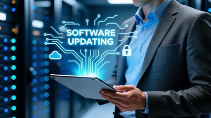 Businessman with tablet projecting holographic display showing text software update and icons, system optimization process concept - Powered by Adobe