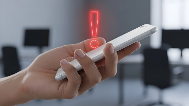 Hand holding smartphone with red exclamation mark notification