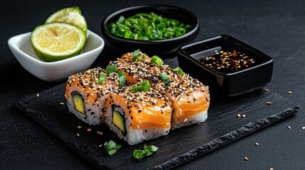 Close-up of sushi rolls with salmon, avocado, and sesame seeds, served with soy sauce and lime on a black slate. Japanese cuisine.