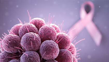 Microscopic Cancer Cells in a 3D Render, Pink breast cancer tumor cells awareness and oncology concept, Representing Medical Research and the Pink Ribbon for Awareness.