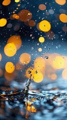 A water droplet is captured mid-splash, with a bokeh effect of blurred orange lights in the background, creating a moody and artistic composition.