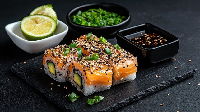 Close-up of sushi rolls with salmon, avocado, and sesame seeds, served with soy sauce and lime on a black slate. Japanese cuisine.