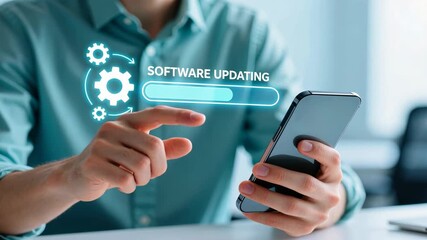Man hands holding smartphone showing floating software updating text progress bar and gear icons, soft blue bokeh, system optimization concept