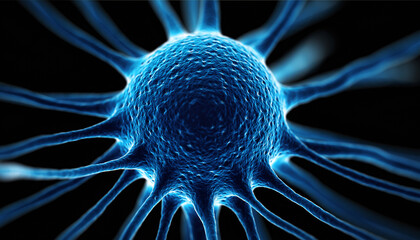 Microscopic Blue Biological Cell, a Stunning Three-Dimensional Render for Malignant cancer cell dividing into two tumor cells via mitosis.