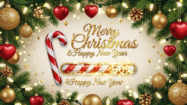 Festive christmas and happy new year greeting card design featuring golden glitter text, candy cane, string lights, and holiday ornament border on a light background