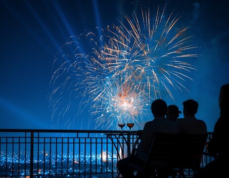 Silhouetted couple on a balcony enjoying a romantic evening with wine and a vibrant fireworks celebration over the city