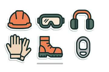Safety equipment for construction sites and industrial work environments featuring gloves, hard hats, goggles, ear protection, and boots
