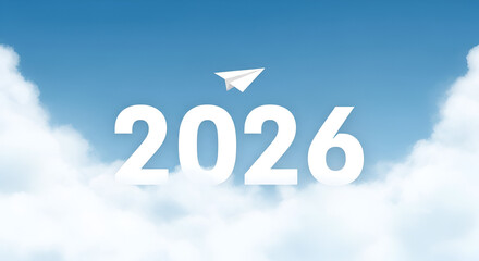 Minimalist 3D rendering of white 2026 numbers floating above fluffy clouds with a paper airplane in soft blue sky, dreamy optimistic concept for new year, aspiration, future growth, inspirational