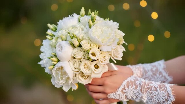 Close-up of a bride's hands holding a white bouquet with roses, peonies and lisianthus flowers. Lace bridal sleeves in view. Romantic wedding detail.
