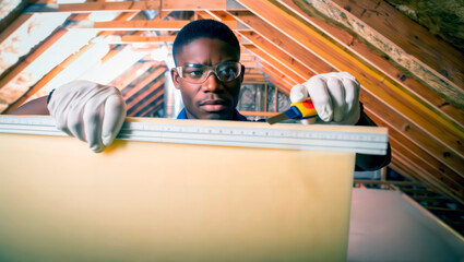 Contractor Measuring Foam Insulation Board in Wooden Attic