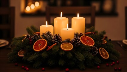 Warmly lit Christmas Advent wreath centerpiece with four glowing candles, festive pine branches, pinecones, dried oranges, and cranberries creating a cozy holiday ambiance on a rustic wooden table.